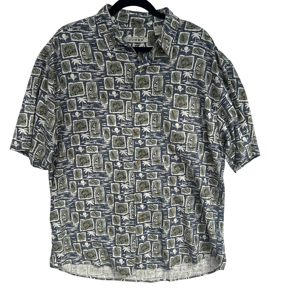 VTG Summa 100% Silk Short Sleeve Men's L Shirt Blue‎ Green Island Hawaiian Print